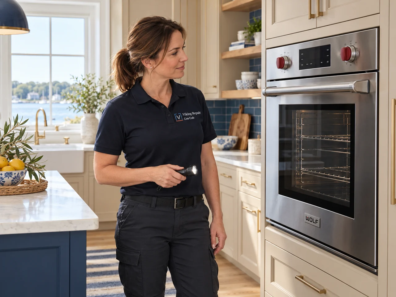 AI illustration of an appliance technician wearing Viking Repair Cos Cob branding