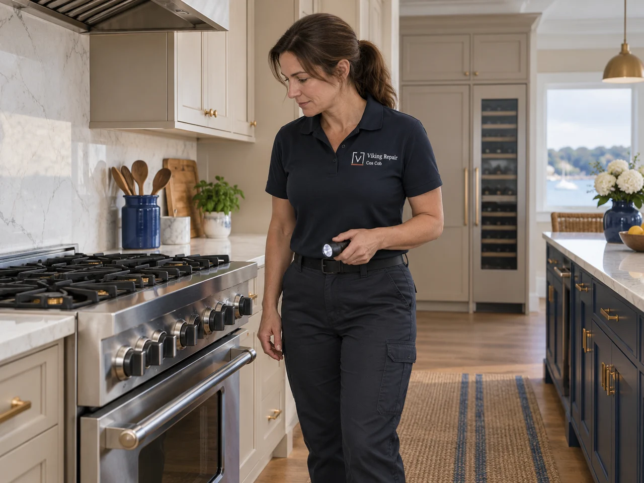Illustration of a technician wearing the Viking Repair Cos Cob logo beside a Viking range
